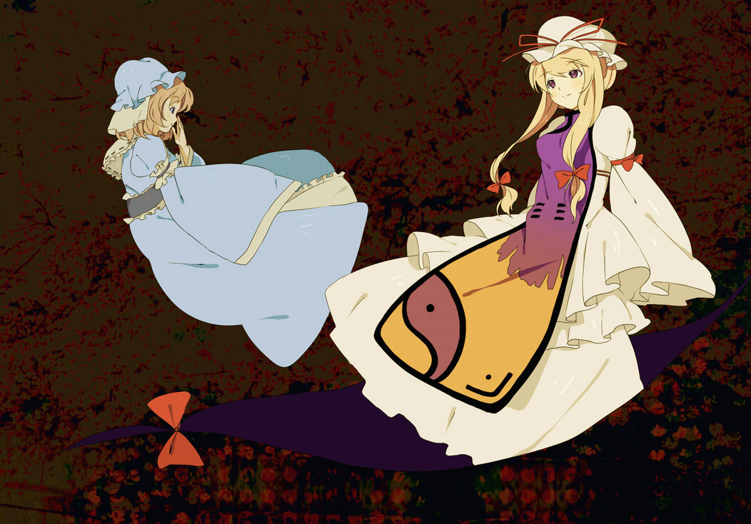 hizu, noise (hakusen), saigyouji yuyuko, yakumo yukari, touhou, 2girls, blonde hair, blue eyes, bow, dress, female focus, frills, gap (touhou), hair bow, hat, long hair, multiple girls, pink hair, purple eyes, ribbon, short hair