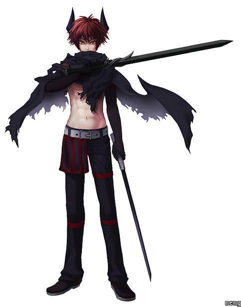 kaz (pangya), pangya, 1boy, dark, horns, male focus, red eyes, red hair, simple background, solo, sword, torn clothes, weapon, white background