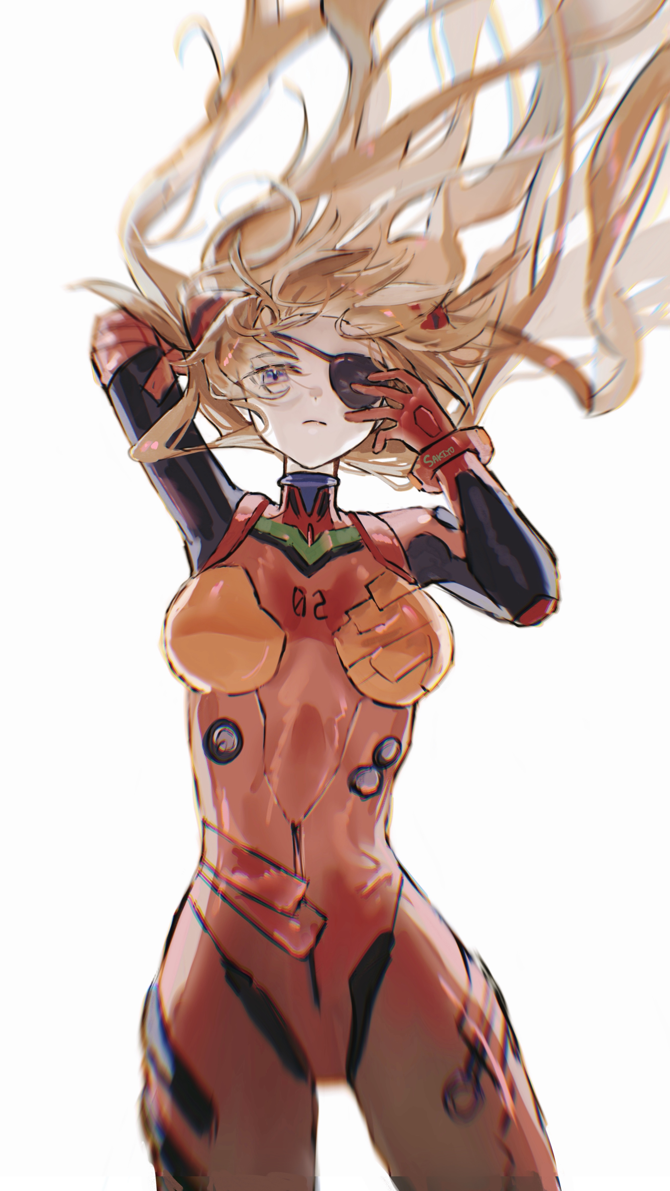 sakiyo, souryuu asuka langley, neon genesis evangelion, highres, 1girl, alternate hair length, alternate hairstyle, blue eyes, bodysuit, breasts, brown hair, curvy, eyepatch, floating hair, hand on own hip, interface headset (evangelion), legs apart, long hair, looking at viewer, mecha pilot suit, official alternate hair length, official alternate hairstyle, red bodysuit, simple background, smile, solo, standing, two side up, very long hair, white background