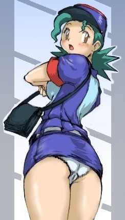 jenny (pokemon), nintendo, pokemon, artist request, lowres, bag, blush, green hair, hat, miniskirt, panties, pantyshot, police, police uniform, policewoman, red eyes, skirt, underwear, upskirt, white panties