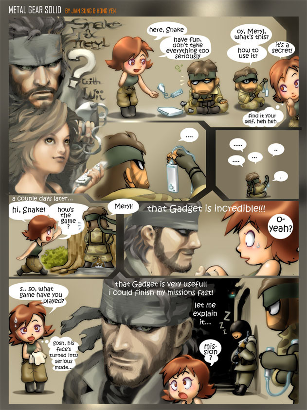 meryl silverburgh, solid snake, metal gear (series), metal gear solid, nintendo, source request, …, 1girl, 3boys, bandana, beard, brown hair, character name, comic, controller, english text, engrish text, epic, facial hair, game console, game controller, holding, multiple boys, pee, peeing, ranguage, sleeping, snake, speech bubble, spoken ellipsis, sweatdrop, video game, wii, zzz