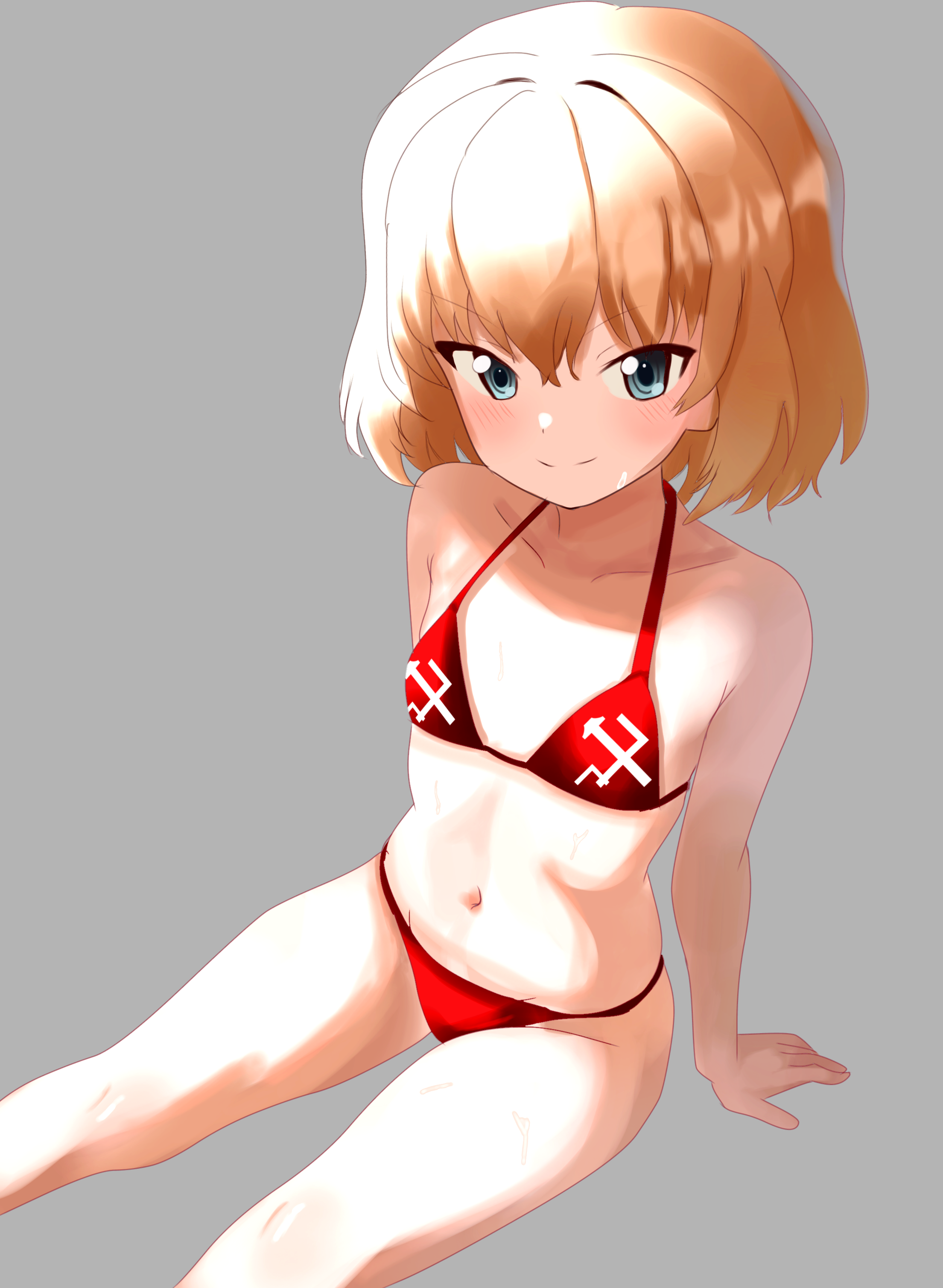 katyusha (girls und panzer), girls und panzer, absurdres, highres, non-web source, 1girl, bikini, blonde hair, blue eyes, flat chest, grey background, navel, print bikini, red bikini, simple background, sitting, solo, swimsuit