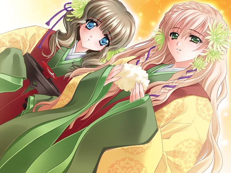 carnelian, futaba riko, shirakawa asuna, touka gettan, game cg, 00s, 2girls, blonde hair, blue eyes, braid, brown hair, flower, formal clothes, green eyes, japanese clothes, long hair, multiple girls, twin braids