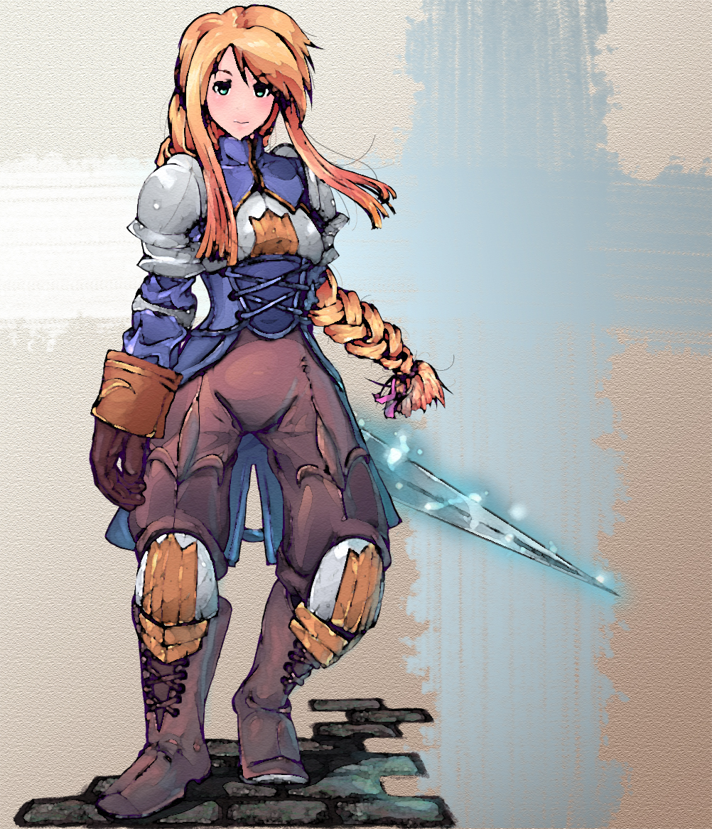 mustapha, agrias oaks, final fantasy, final fantasy tactics, 1girl, armor, blonde hair, blue eyes, braid, braided ponytail, breasts, corset, female focus, gloves, groin, knight, long hair, pauldrons, shoulder armor, single braid, solo, sword, weapon