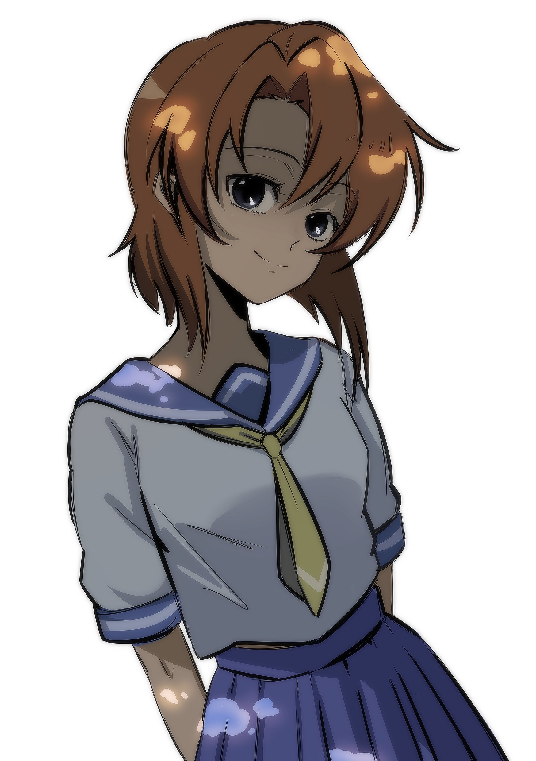 uneasywolf, ryuuguu rena, higurashi no naku koro ni, absurdres, commentary, english commentary, highres, 1girl, arms behind back, black eyes, blue sailor collar, blue skirt, closed mouth, cowboy shot, head tilt, looking at viewer, necktie, orange hair, parted bangs, sailor collar, school uniform, shirt, short hair, short sleeves, sidelocks, simple background, skirt, smile, solo, white background, white shirt, yellow necktie