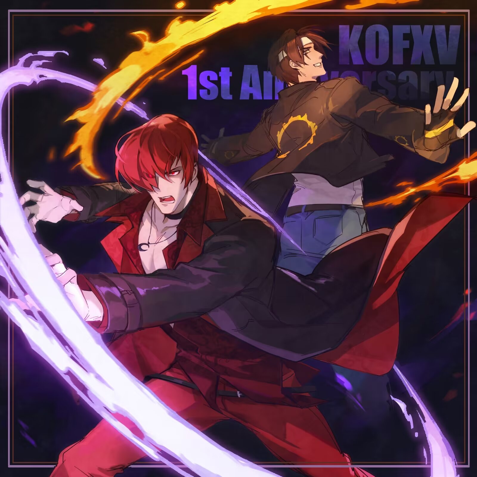 an ling withered, kusanagi kyou, yagami iori, the king of fighters, the king of fighters xv, hashtag-only commentary, highres, 2boys, anniversary, belt, black belt, black choker, black collar, black jacket, blue pants, brown eyes, brown hair, choker, collar, collared shirt, copyright name, crescent, crescent necklace, denim, fingerless gloves, fire, gloves, hair over one eye, headband, jacket, jewelry, leather, leather jacket, male focus, multiple boys, necklace, open mouth, outstretched arms, pants, partially unbuttoned, purple fire, pyrokinesis, red eyes, red hair, red pants, red shirt, shirt, short hair, smile, white shirt