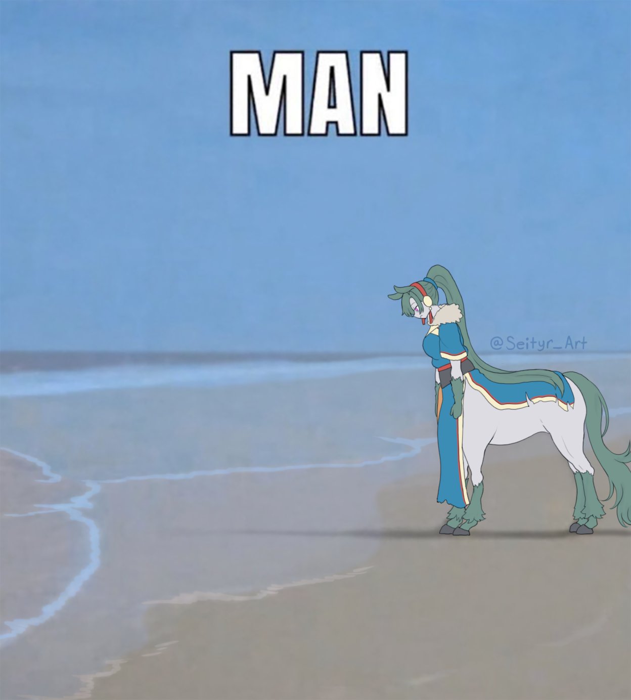 seityr, lyn (fire emblem), fire emblem, fire emblem shadows, nintendo, commentary, english commentary, highres, 1girl, animal ears, blue dress, centaur, dark persona, dress, full body, green hair, high ponytail, horse ears, horse tail, long hair, lyn (plains wind) (fire emblem), man (meme), meme, monster girl, monsterification, multiple legs, ponytail, short sleeves, solo, tail, taur