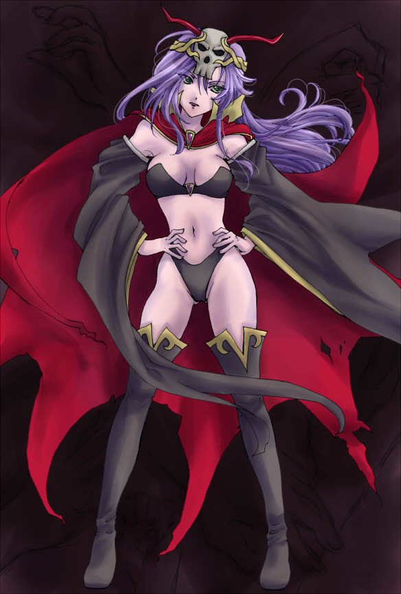 ramuda, sirotuka lambda, faris scherwiz, necromancer (final fantasy), final fantasy, final fantasy v, 1990s (style), 1girl, bikini, black bikini, black boots, boots, breasts, breasts apart, cape, colored skin, dark background, detached sleeves, expressionless, female focus, full body, green eyes, groin, hair ornament, hands on own hips, head tilt, long hair, long sleeves, navel, necromancer, pink skin, purple hair, red cape, retro artstyle, skull hair ornament, solo, standing, stomach, strapless, strapless bikini, swimsuit, thigh boots, thighhighs, wide sleeves