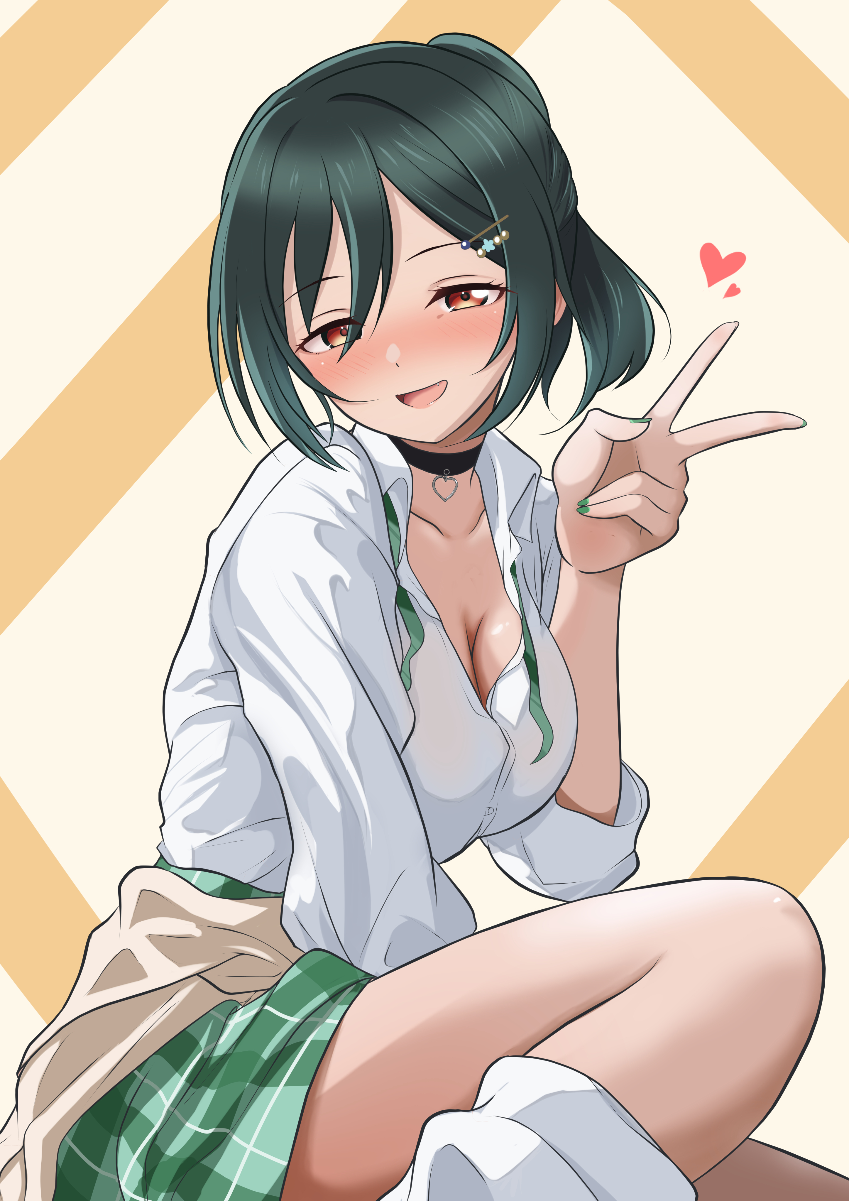 nanja najav, mifune shioriko, love live!, love live! nijigasaki high school idol club, absurdres, highres, 1girl, black choker, blush, breasts, choker, cleavage, clothes around waist, fang, fingernails, from side, green hair, green nails, green skirt, gyaru, gyarugasaki, hand up, heart, heart choker, large breasts, looking at viewer, looking to the side, nail polish, open collar, open mouth, plaid clothes, plaid skirt, ponytail, shirt, sitting, skirt, solo, sweater, sweater around waist, v, white shirt