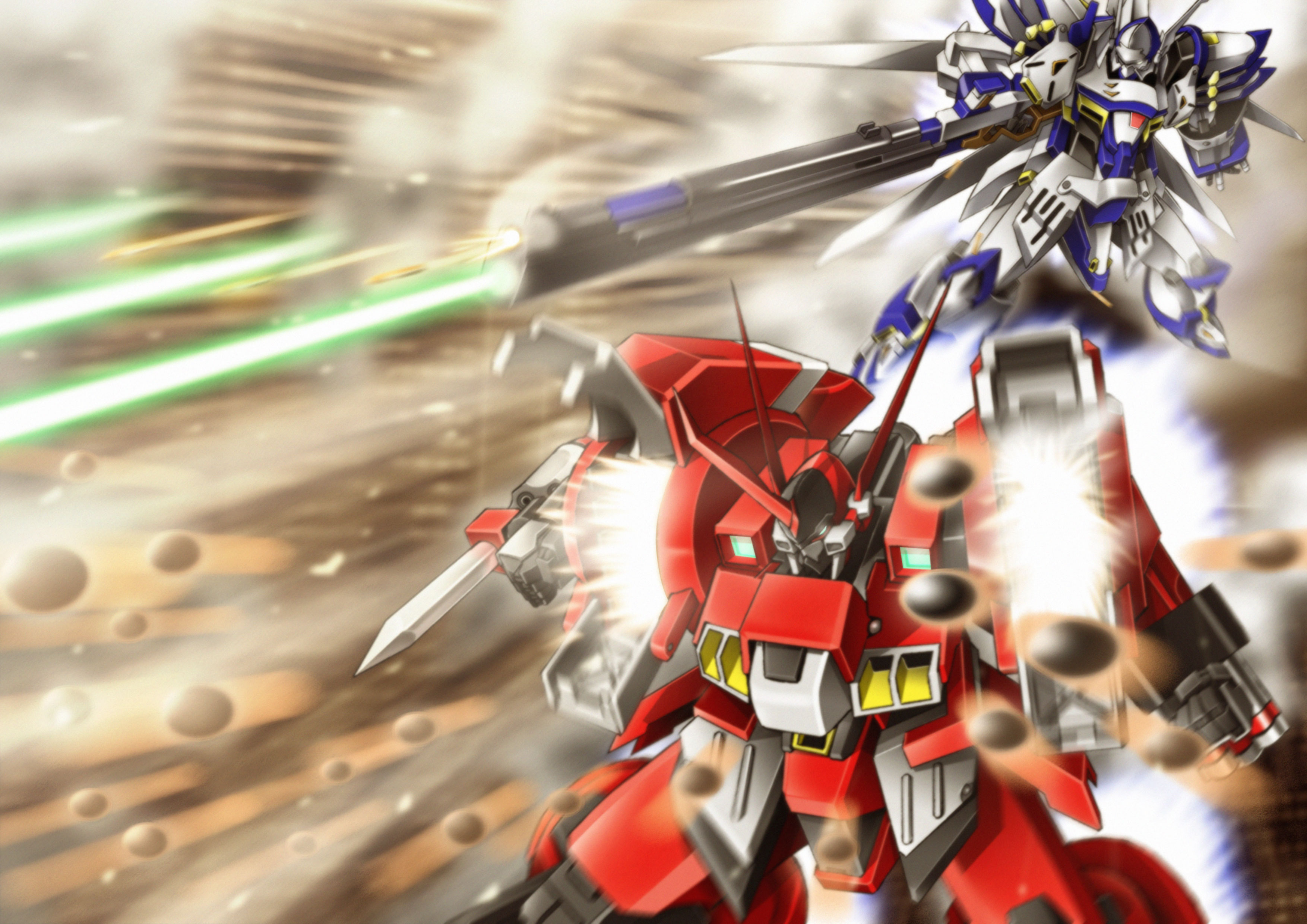 yama-san (hisarin), alteisen, weissritter, banpresto, super robot wars, super robot wars original generation, absurdres, highres, armor, blurry, clenched hands, firing, foreshortening, gun, holding, holding gun, holding weapon, laser, mecha, motion blur, no humans, robot, sword, weapon