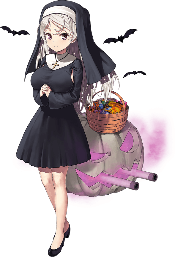 jiji (aardvark), conte di cavour (halloween) (kancolle), conte di cavour (kancolle), kantai collection, commentary request, official art, third-party source, 1girl, armpit cutout, black dress, black shoes, breasts, candy, closed mouth, clothing cutout, cross, cross necklace, dress, food, grey hair, jewelry, large breasts, latin cross, long hair, long sleeves, looking at viewer, necklace, nun, official alternate costume, pumpkin, purple eyes, rigging, shoes, smile, solo, transparent background