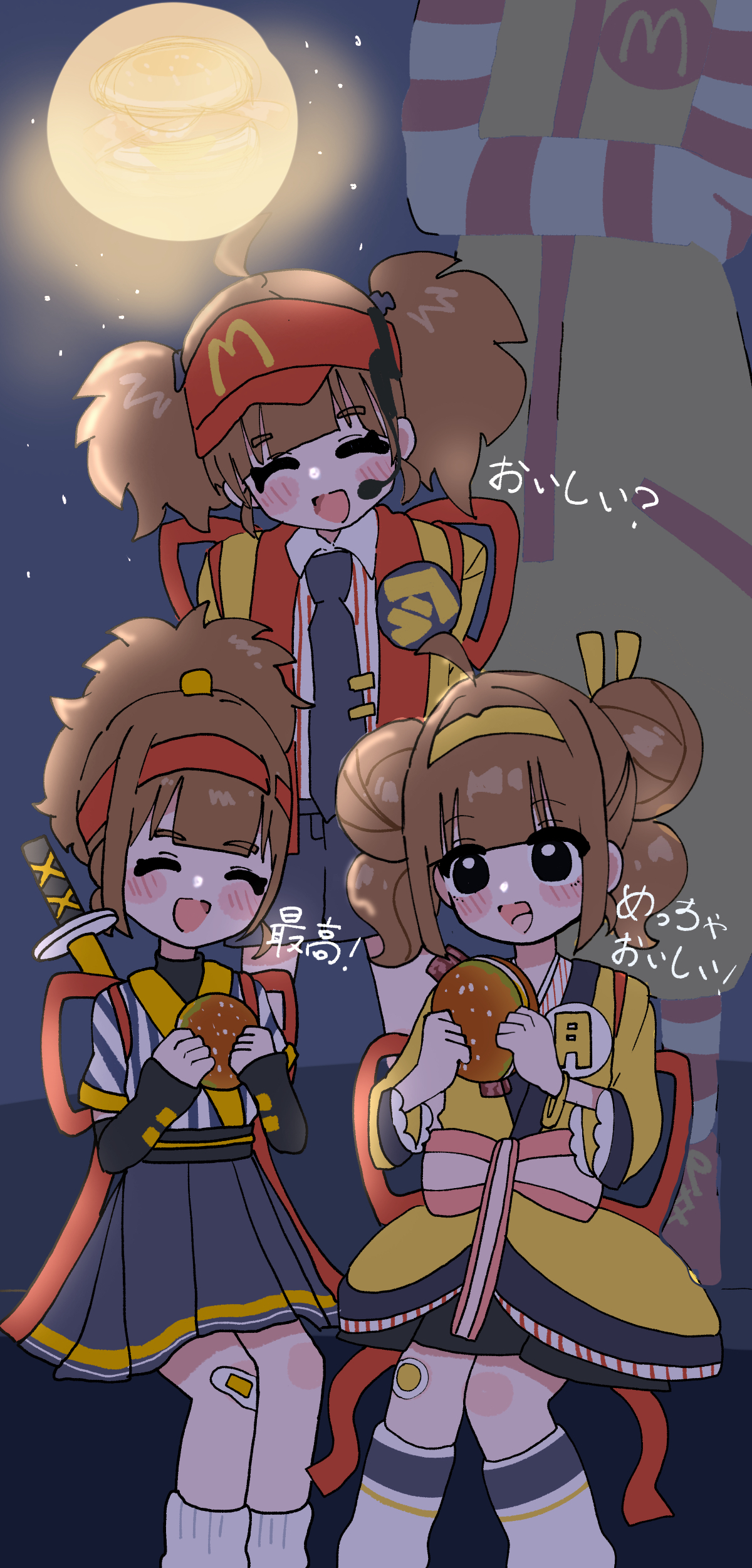 hamagurino sakamushi, imadake dabuchi tabemi, ronald mcdonald, samurai tamago tabemi, mcdonald's, absurdres, commentary request, highres, 1boy, 3girls, ahoge, bacon, bandaid, bandaid on leg, black eyes, black necktie, black shirt, black shorts, blush, blush stickers, brown hair, burger, closed eyes, crossed arms, double bun, food, hair bun, hat, headset, holding, holding burger, holding food, imadake tsukimi tabemi, moon, multiple girls, necktie, night, night sky, open mouth, outdoors, pants, red hat, red shoes, red sleeves, red socks, shirt, shoes, shorts, sitting, sky, socks, standing, star (sky), starry sky, striped clothes, striped sleeves, striped socks, sword, sword on back, weapon, weapon on back, white sleeves, white socks, yellow pants, yellow shirt