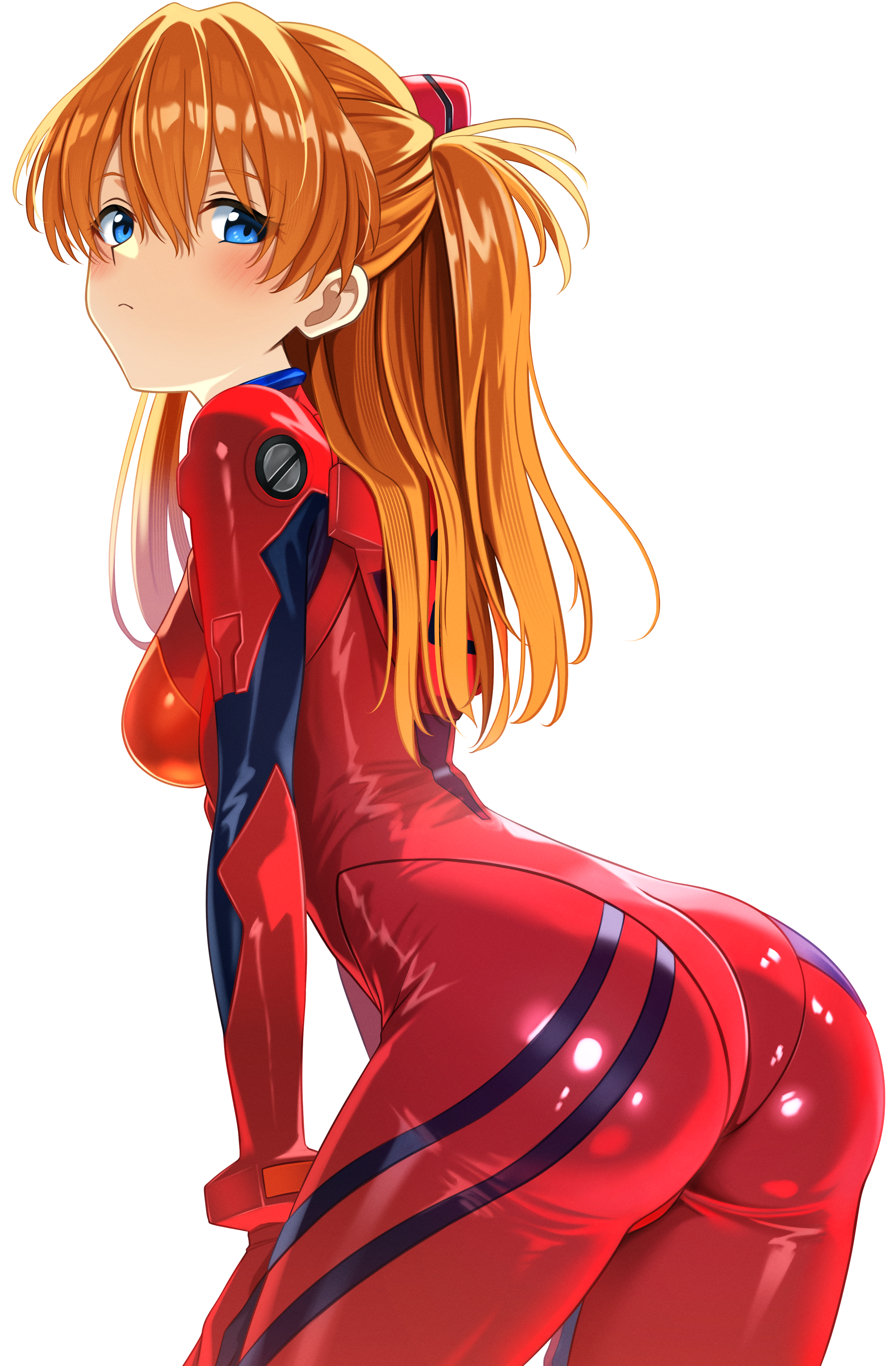 souryuu asuka langley, neon genesis evangelion, absurdres, artist request, highres, 1girl, :<, ass, back, blue eyes, blush, bodysuit, breasts, brown hair, closed mouth, curvy, hairpods, hands on own knees, huge ass, interface headset (evangelion), long hair, looking at viewer, looking back, mecha pilot suit, medium breasts, plugsuit (evangelion), red bodysuit, shiny clothes, sideboob, skindentation, solo, standing, tsundere, white background, wide hips