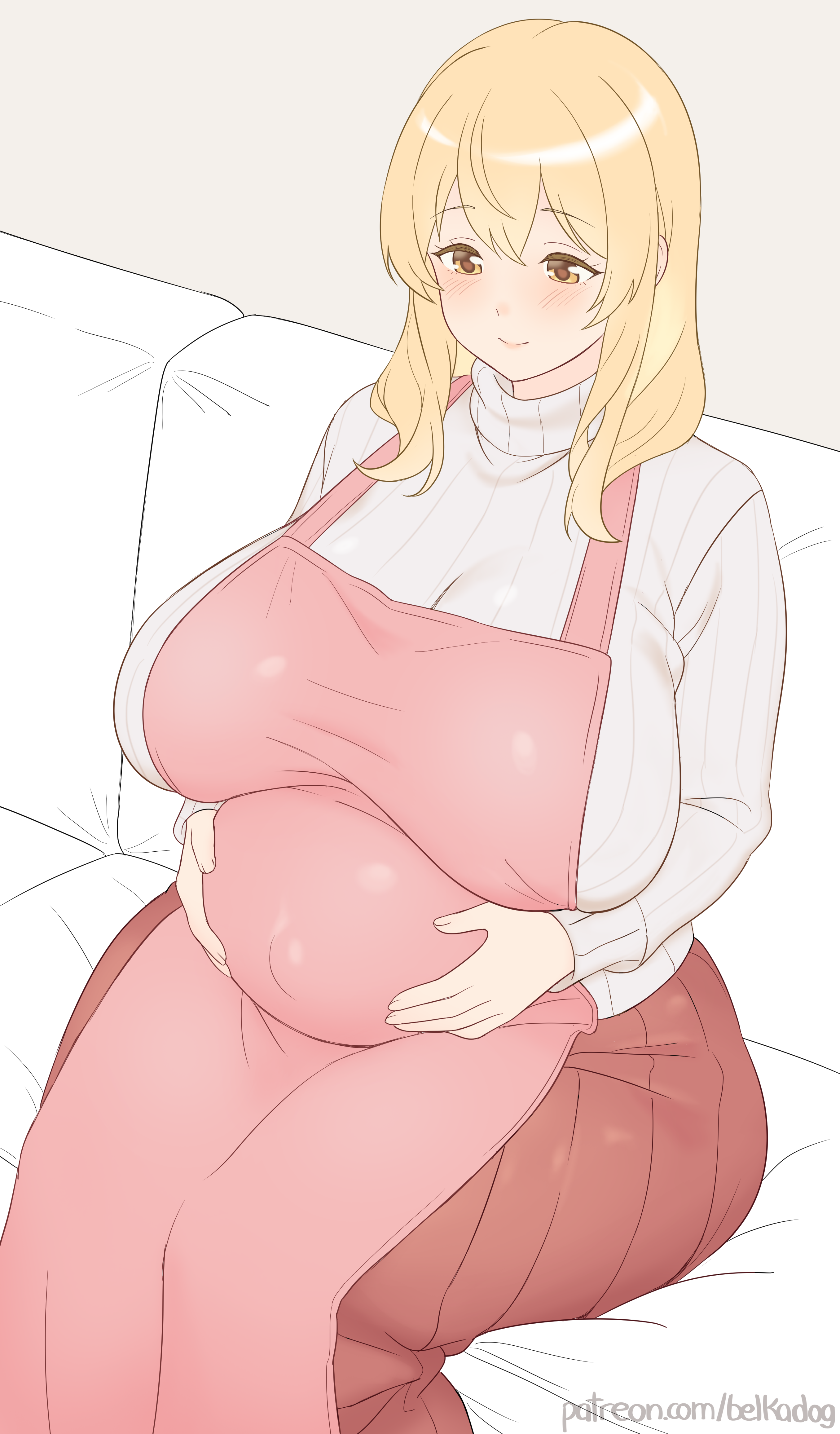 belka dog, sunohara ayaka, sunoharasou no kanrinin-san, 1girl, apron, blonde hair, breasts, female focus, grabbing own belly, huge breasts, long hair, matching hair/eyes, pink apron, pregnant, smile, solo, wide hips, yellow eyes