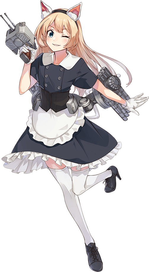 konishi (koconatu), jervis (kancolle), kantai collection, official art, third-party source, 1girl, adapted turret, animal ear fluff, animal ears, apron, black dress, blonde hair, blue eyes, cat ears, dress, frilled apron, frilled dress, frills, full body, gloves, jervis (halloween) (kancolle), long hair, maid, one eye closed, smile, solo, thighhighs, transparent background, waist apron, white apron, white gloves, white thighhighs