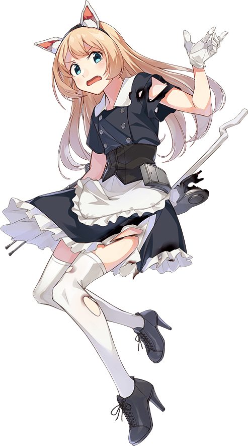 konishi (koconatu), jervis (kancolle), kantai collection, official art, third-party source, 1girl, adapted turret, animal ear fluff, animal ears, apron, black dress, blonde hair, blue eyes, burnt clothes, cat ears, cat tail, dress, frilled apron, frilled dress, frills, full body, gloves, jervis (halloween) (kancolle), long hair, maid, one eye closed, smile, solo, tail, thighhighs, transparent background, waist apron, white apron, white gloves, white thighhighs