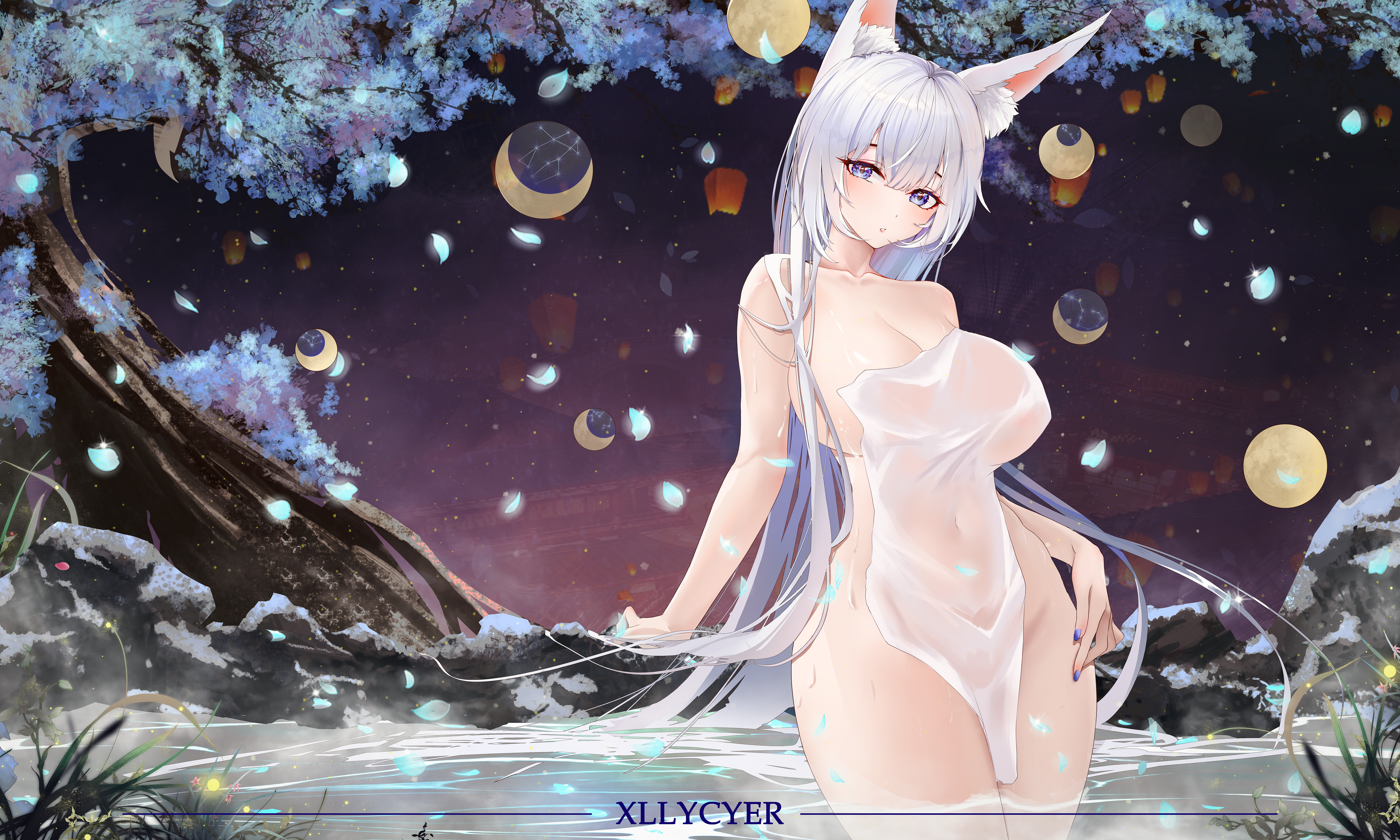 xllycyer, shinano (azur lane), azur lane, absurdres, commentary request, highres, variant set, 1girl, animal ear fluff, animal ears, artist name, blue petals, breasts, cleavage, cowboy shot, falling petals, fox ears, fox girl, huge breasts, long hair, looking at viewer, moon phases, naked towel, night, onsen, petals, purple eyes, solo, towel, tree, very long hair, wading, white hair