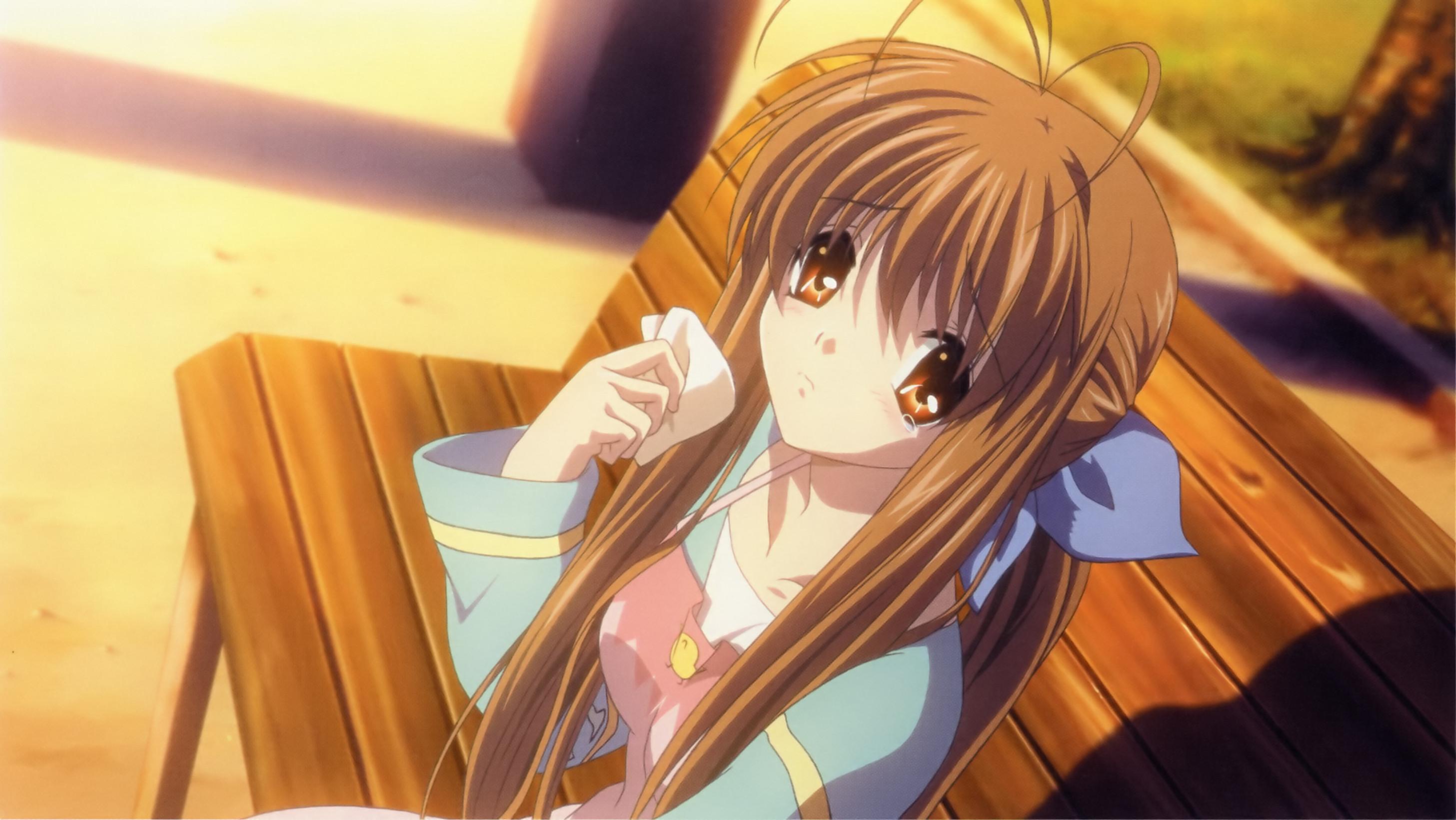 furukawa sanae, clannad, highres, 00s, antenna hair, apron, bench, brown eyes, brown hair, long hair, ponytail, sitting, solo, tears