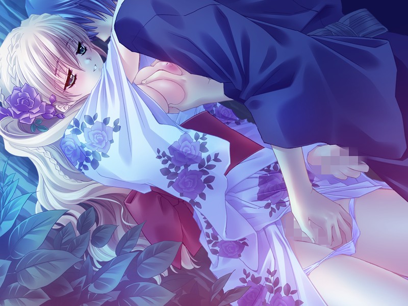 carnelian, futaba riko, kamiazuma touka, touka gettan, game cg, 00s, 1boy, 1girl, blonde hair, blue hair, braid, breasts, censored, cleavage, fingering, flower, grabbing another's breast, green eyes, groping, hair flower, hair ornament, hand in panties, handjob, hetero, japanese clothes, kimono, large breasts, long hair, mosaic censoring, mutual masturbation, night, panties, panty pull, penis, short hair, smile, underwear