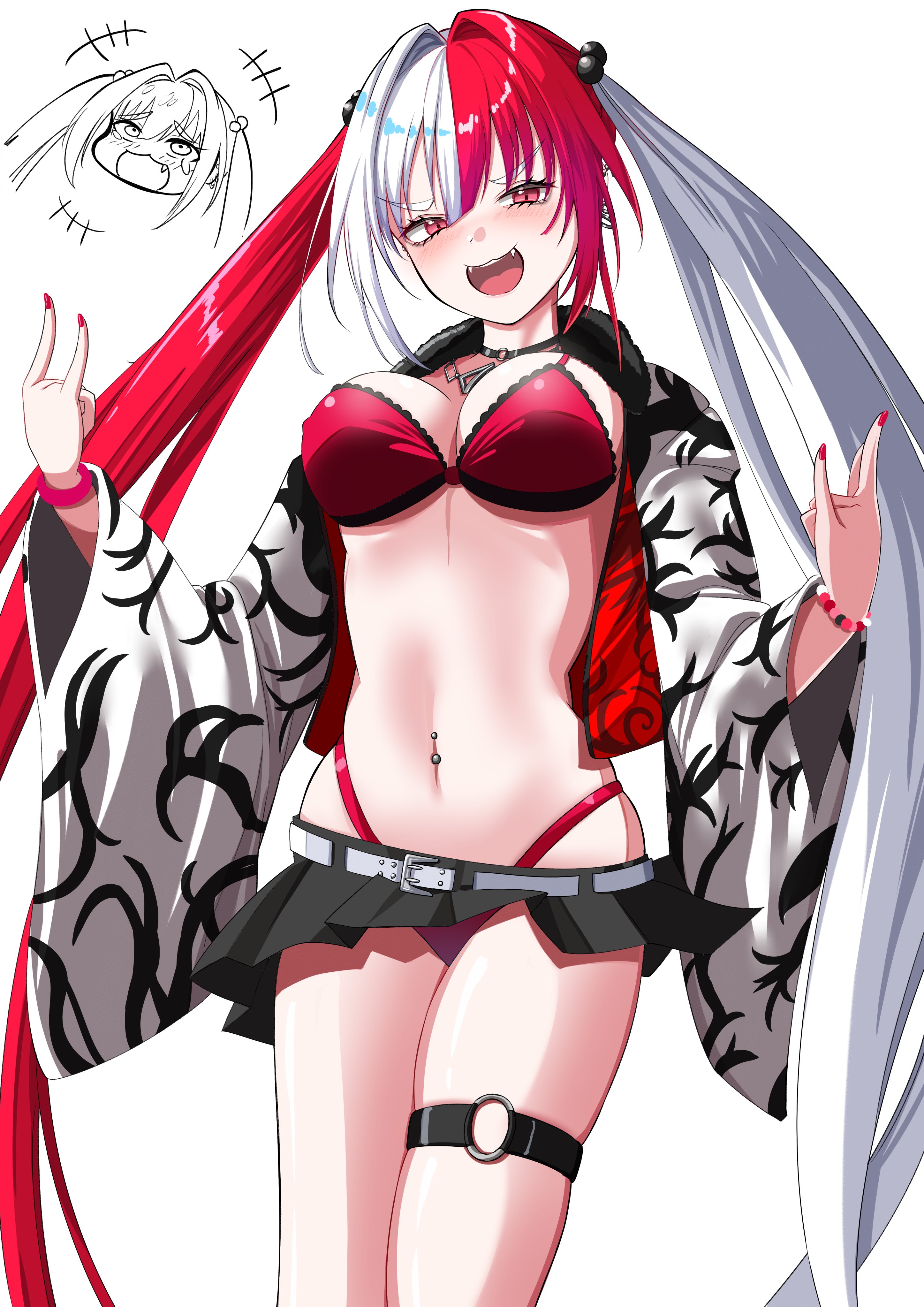 nigori (keydoor), matsunaga hitsuhide (fate), fate/grand order, fate (series), absurdres, highres, 1girl, belt, black skirt, bra, breasts, brown eyes, choker, cleavage, fur collar, hair bobbles, hair ornament, highleg, highleg panties, jacket, large breasts, long hair, long sleeves, looking at viewer, miniskirt, multicolored hair, navel piercing, open mouth, panties, piercing, red bra, red hair, red jacket, red panties, skirt, smile, solo, split-color hair, thigh strap, thighs, twintails, underwear, white hair, white sleeves, wide sleeves