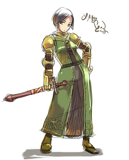 inuinui, meliadoul tengille, final fantasy, final fantasy tactics, 1girl, armor, black hair, contrapposto, female focus, gauntlets, hand on own hip, pauldrons, sheath, sheathed, short hair, shoulder armor, solo, standing, sword, weapon