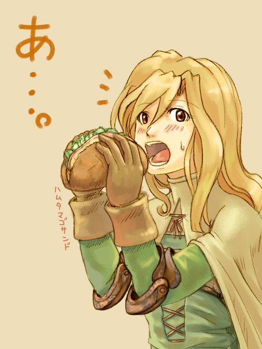 momigara (mmgrkmnk), nawashiro, milleuda folles, final fantasy, final fantasy tactics, bad id, bad pixiv id, translated, 1girl, blonde hair, blush, eating, female focus, food, gloves, open mouth, red eyes, simple background, solo, surprised, sweatdrop