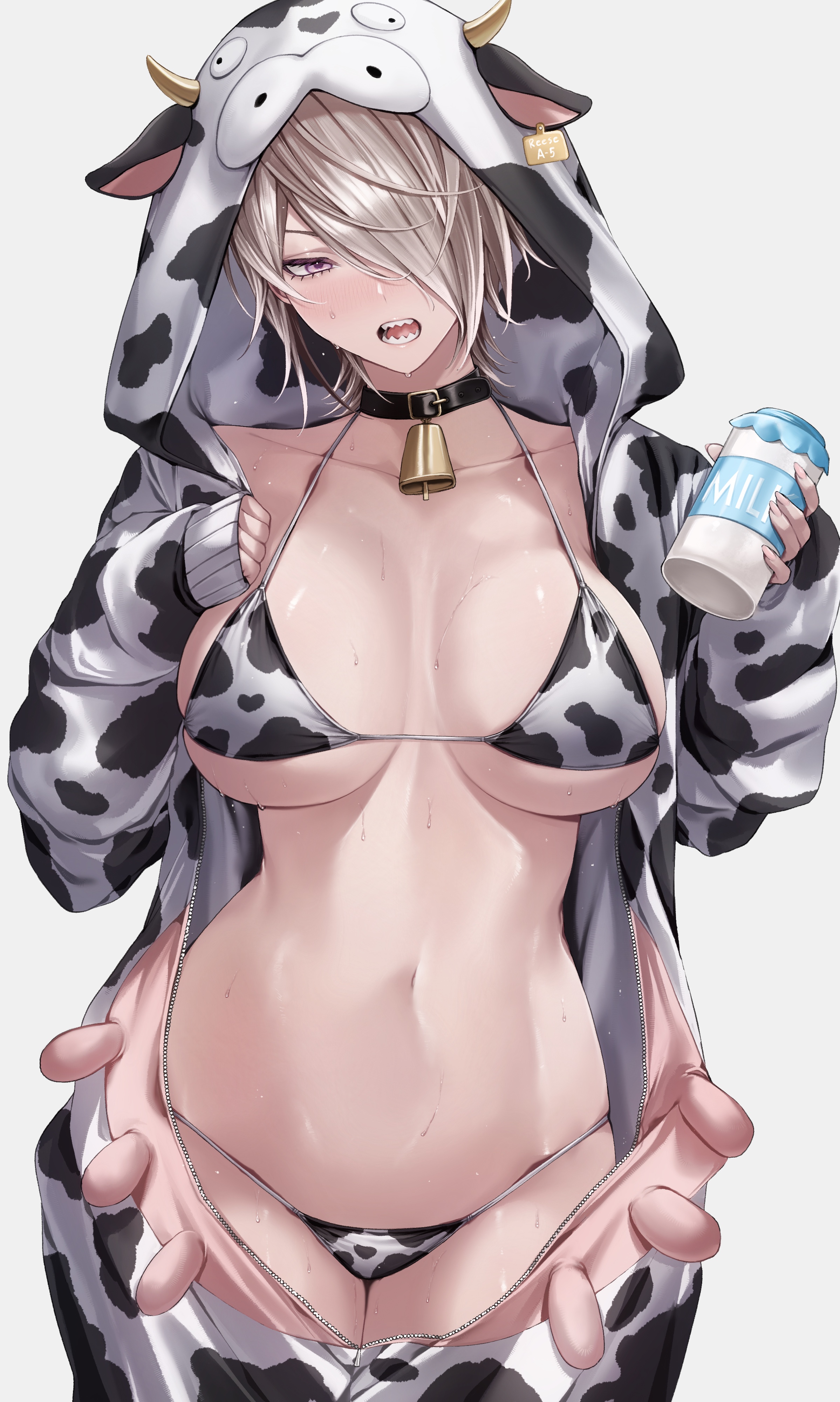 ulularts, original, absurdres, commentary, english commentary, highres, 1girl, animal costume, animal ears, animal print, bell, bikini, blonde hair, bottle, breasts, breasts apart, cow costume, cow print, cow print bikini, cowbell, hair over one eye, holding, holding bottle, large breasts, neck bell, open mouth, print bikini, sharp teeth, short hair, simple background, solo, string bikini, sweat, swimsuit, teeth, white background