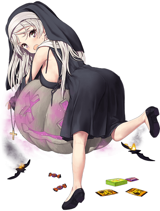 jiji (aardvark), conte di cavour (halloween) (kancolle), conte di cavour (kancolle), kantai collection, official art, third-party source, 1girl, all fours, alternate costume, armpit cutout, ass, black dress, black veil, breasts, brown eyes, candy, clothing cutout, coif, cross, dress, food, grey hair, jack-o'-lantern, large breasts, leg up, long hair, long sleeves, looking at viewer, nun, open mouth, pumpkin, purple eyes, sideboob, solo, torn clothes, traditional nun, transparent background, veil