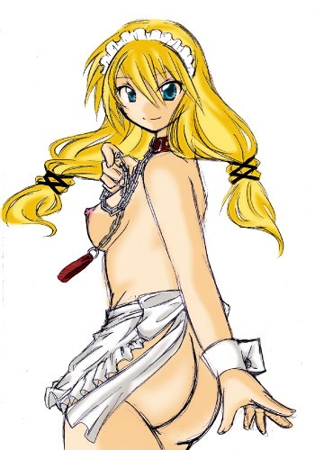 hal (goshujinomocha), hal (haruna), geomancer (fft), final fantasy, final fantasy tactics, lowres, 1girl, apron, ass, blonde hair, breasts, chain, chain leash, collar, female focus, leash, maid, maid apron, naked apron, nipples, small breasts, solo, wrist cuffs