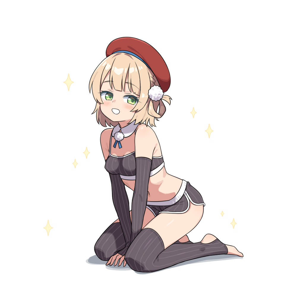 hatsunatsu, shigure ui (vtuber), indie virtual youtuber, commentary request, 1girl, bare shoulders, beret, between legs, black gloves, black shorts, black thighhighs, blush, breasts, brown hair, dolphin shorts, elbow gloves, fingerless gloves, gloves, green eyes, hand between legs, hat, looking at viewer, no shoes, red hat, shadow, short shorts, shorts, simple background, small breasts, smile, solo, sparkle, stirrup legwear, striped clothes, striped gloves, striped shorts, striped thighhighs, thighhighs, toeless legwear, vertical-striped clothes, vertical-striped gloves, vertical-striped shorts, vertical-striped thighhighs, virtual youtuber, white background