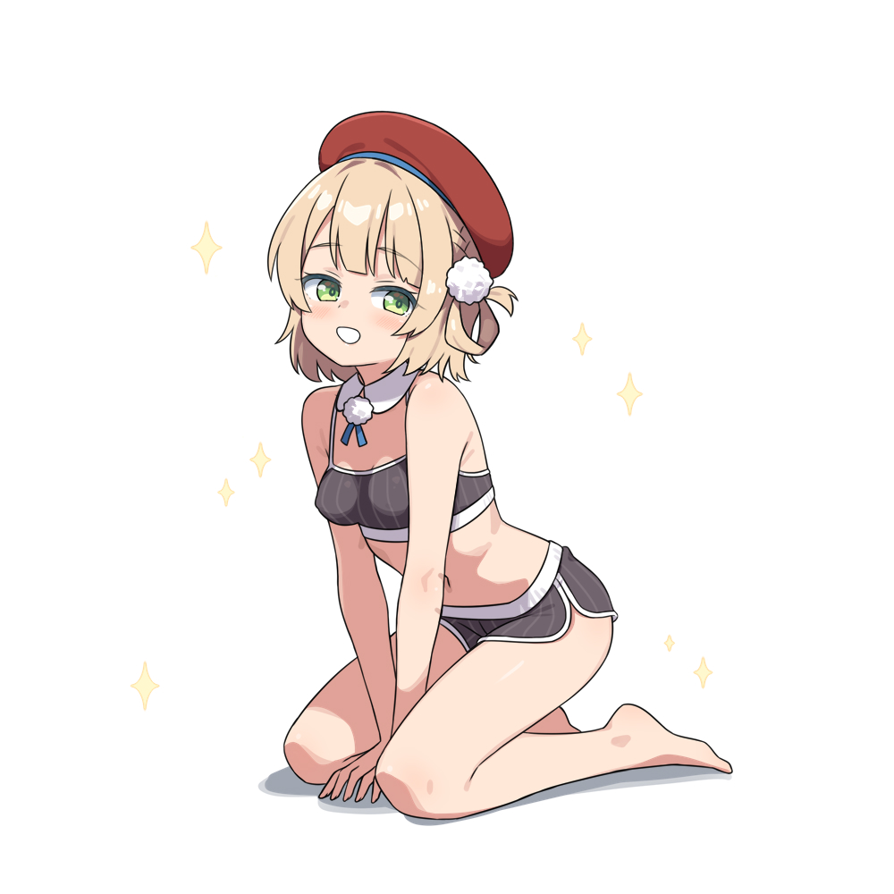 hatsunatsu, shigure ui (vtuber), indie virtual youtuber, 1girl, bare shoulders, barefoot, beret, between legs, black shorts, blush, breasts, brown hair, dolphin shorts, green eyes, hand between legs, hat, looking at viewer, red hat, shadow, short shorts, shorts, simple background, small breasts, smile, solo, sparkle, striped clothes, striped shorts, vertical-striped clothes, vertical-striped shorts, virtual youtuber, white background