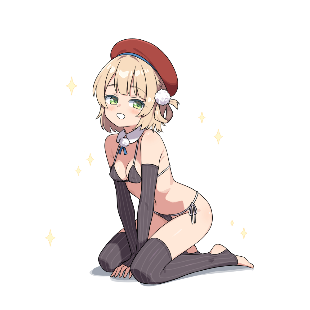hatsunatsu, shigure ui (vtuber), indie virtual youtuber, 1girl, bare shoulders, beret, between legs, bikini, black bikini, black gloves, black thighhighs, blush, breasts, brown hair, elbow gloves, fingerless gloves, gloves, green eyes, hand between legs, hat, looking at viewer, no shoes, red hat, shadow, side-tie bikini bottom, simple background, small breasts, smile, solo, sparkle, stirrup legwear, striped bikini, striped clothes, striped gloves, striped thighhighs, swimsuit, thighhighs, toeless legwear, vertical-striped bikini, vertical-striped clothes, vertical-striped gloves, vertical-striped thighhighs, virtual youtuber, white background