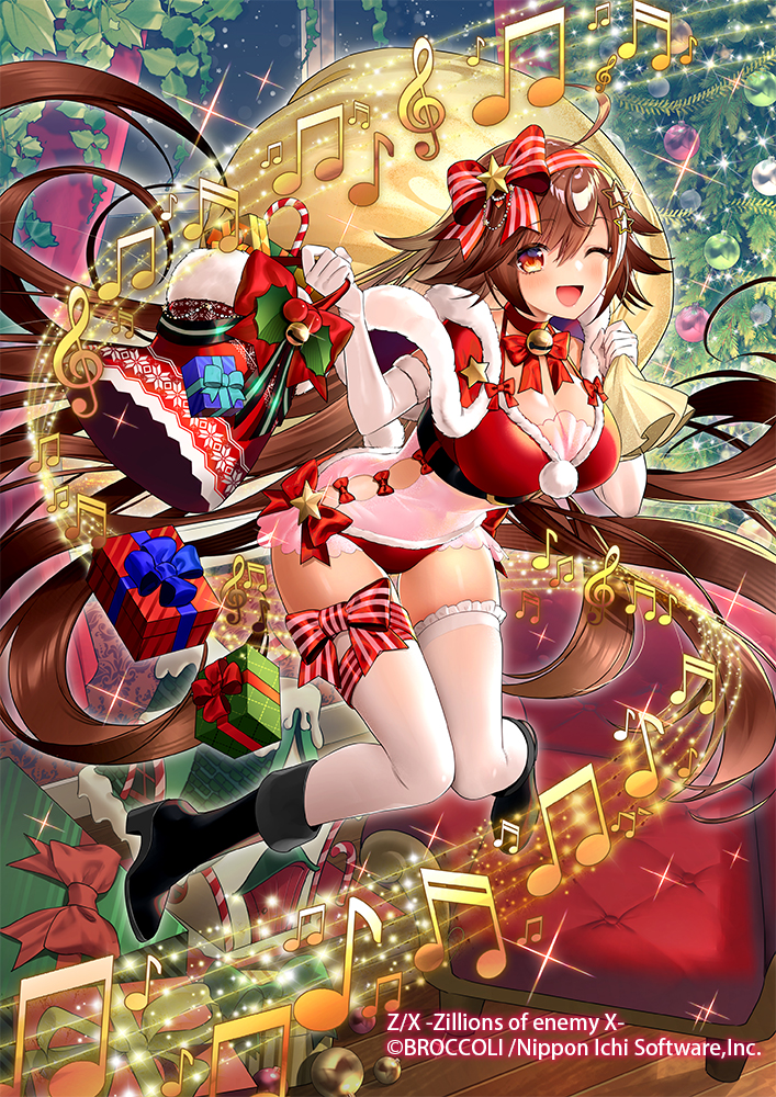 spinel (9057), z/x, official art, 1girl, ahoge, beamed eighth notes, beamed sixteenth notes, black boots, boots, bow, bow hairband, bowtie, box, breasts, brown eyes, brown hair, capelet, chair, choker, christmas stocking, christmas tree, cleavage, copyright notice, eighth note, elbow gloves, frilled thighhighs, frills, fur-trimmed capelet, fur-trimmed panties, fur trim, gift, gift box, gloves, hair ornament, hairband, holding, holding gift, holding sack, indoors, jumping, large breasts, long hair, looking at viewer, musical note, musical staff, one eye closed, panties, prism (z/x), red bow, red bowtie, red choker, red panties, sack, santa costume, sixteenth note, smile, sparkle, star (symbol), star hair ornament, thighhighs, treble clef, underwear, very long hair, white gloves, white thighhighs