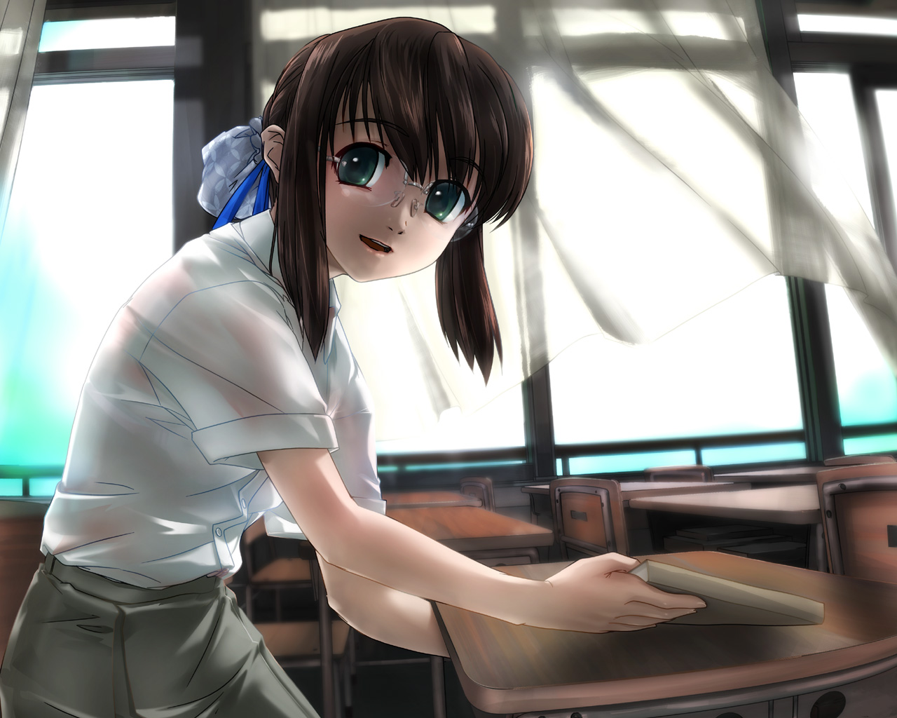 ashibe ryou, ashibe tooru, book, brown hair, classroom, curtains, desk, dress shirt, glasses, green eyes, hair bun, indoors, school, school desk, shirt, short hair, single hair bun, skirt, smile, solo, window