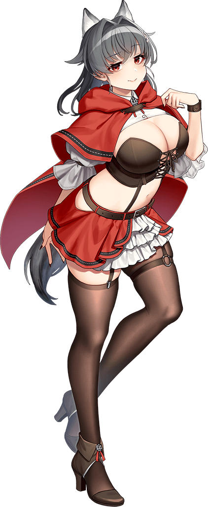 akasaka yuzu, jingei (kancolle), little red riding hood (fairy tale character), kantai collection, little red riding hood (fairy tale), official art, 1girl, animal costume, animal ears, basket, breasts, capelet, claw pose, claws, cleavage cutout, cloak, clothing cutout, cosplay, dress, elbow carry, fangs, full body, halloween, halloween costume, holding, holding basket, hood, hood down, hood up, hooded capelet, hooded cloak, jingei kai (halloween) (kancolle), large breasts, little red riding hood (fairy tale character) (cosplay), long hair, looking at viewer, open mouth, picnic basket, red capelet, red cloak, red eyes, red hood, skirt, smile, solo, sweatdrop, tail, transparent background, wolf costume, wolf ears, wolf tail