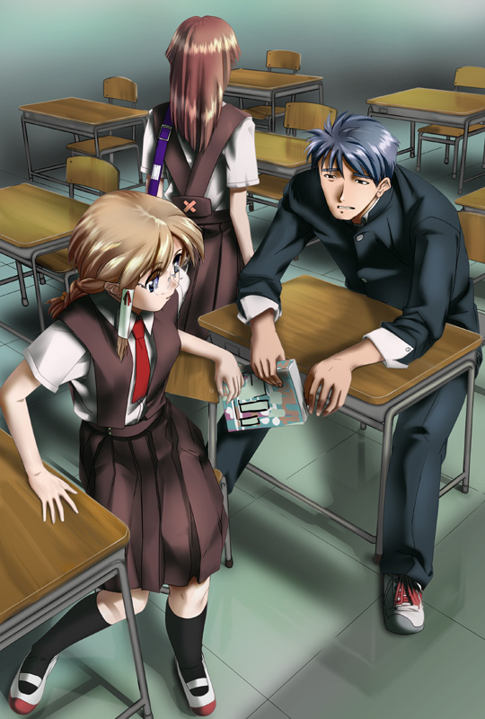 ashibe ryou, 1boy, 2girls, ashibe tooru, back, book, brown eyes, brown hair, classroom, desk, gakuran, glasses, indoors, long hair, multiple girls, necktie, school, school desk, school uniform, serafuku, sitting, walking
