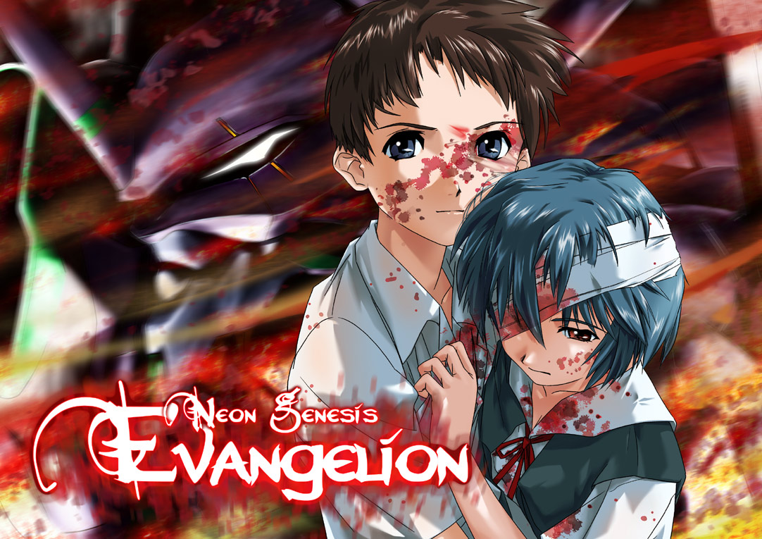 ashibe ryou, ayanami rei, eva 01, ikari shinji, neon genesis evangelion, ashibe tooru, bandages, blood, blue hair, eyepatch, red eyes, school uniform, serafuku, short hair