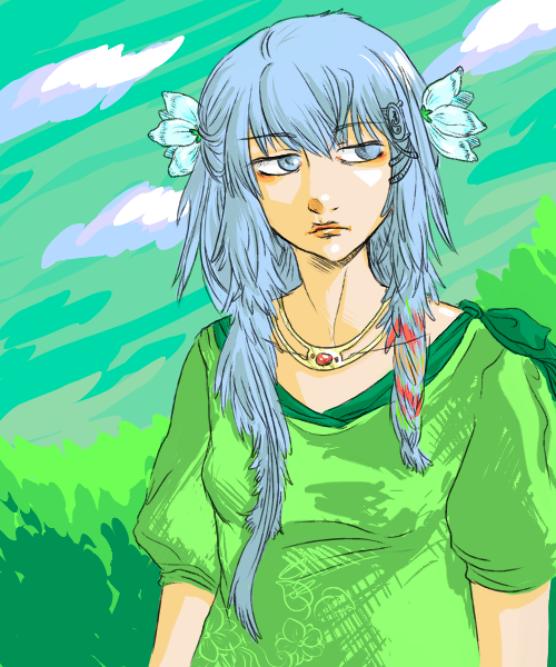 1girl, blind, blue eyes, blue hair, female focus, flower, hair flower, hair ornament, jewelry, matching hair/eyes, necklace, solo