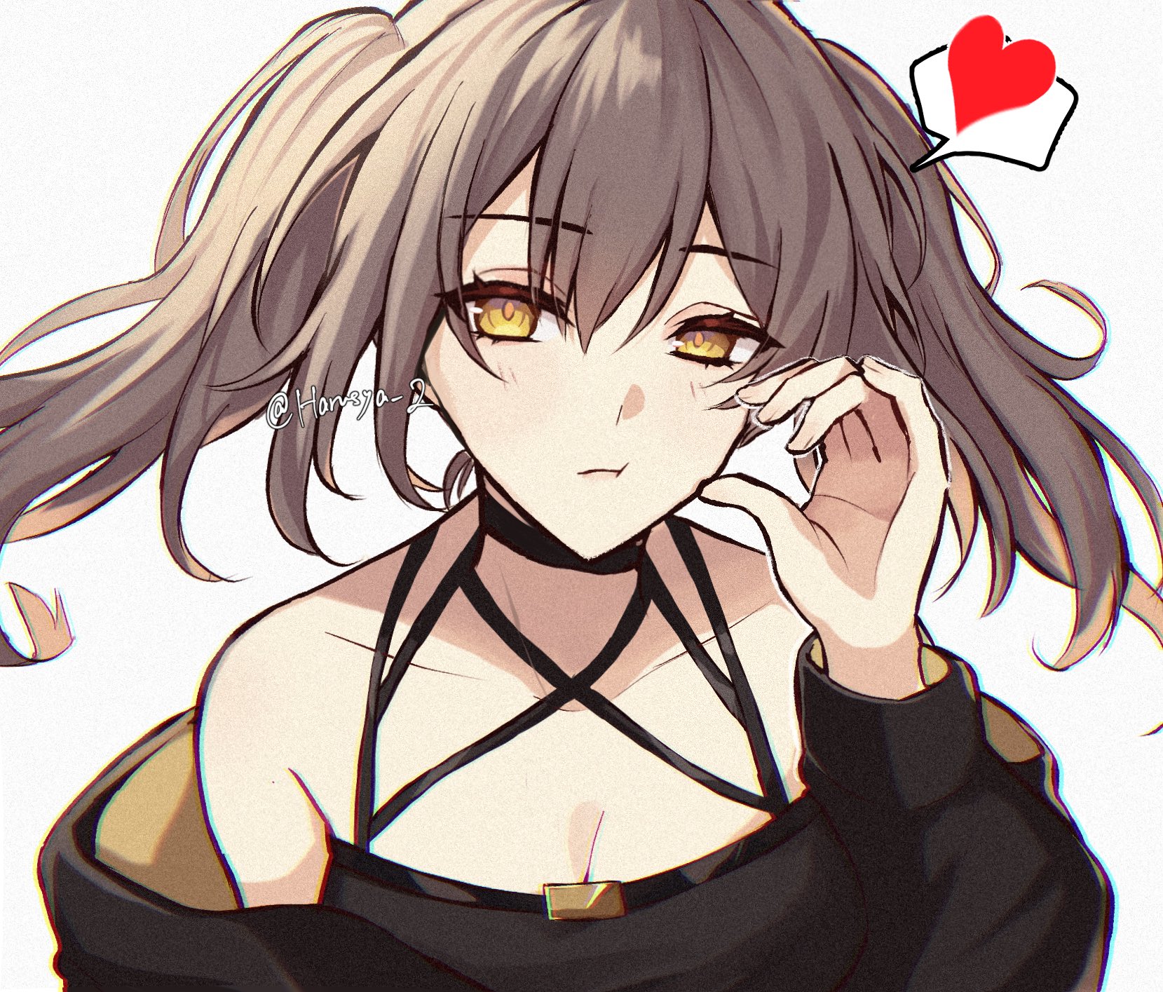 harusya, stelle (honkai: star rail), trailblazer (honkai: star rail), honkai: star rail, honkai (series), highres, 1girl, alternate costume, alternate hairstyle, artist name, bare shoulders, black dress, black jacket, blush, breasts, brown hair, closed mouth, clothes down, collarbone, dress, fingernails, grey hair, hair between eyes, half-heart hands, hand up, heart, jacket, long hair, long sleeves, looking at viewer, medium breasts, multicolored hair, open clothes, open jacket, puffy long sleeves, puffy sleeves, simple background, sleeveless, sleeveless dress, solo, speech bubble, spoken heart, streaked hair, twintails, two-sided fabric, two-sided jacket, upper body, white background, yellow eyes, yellow jacket