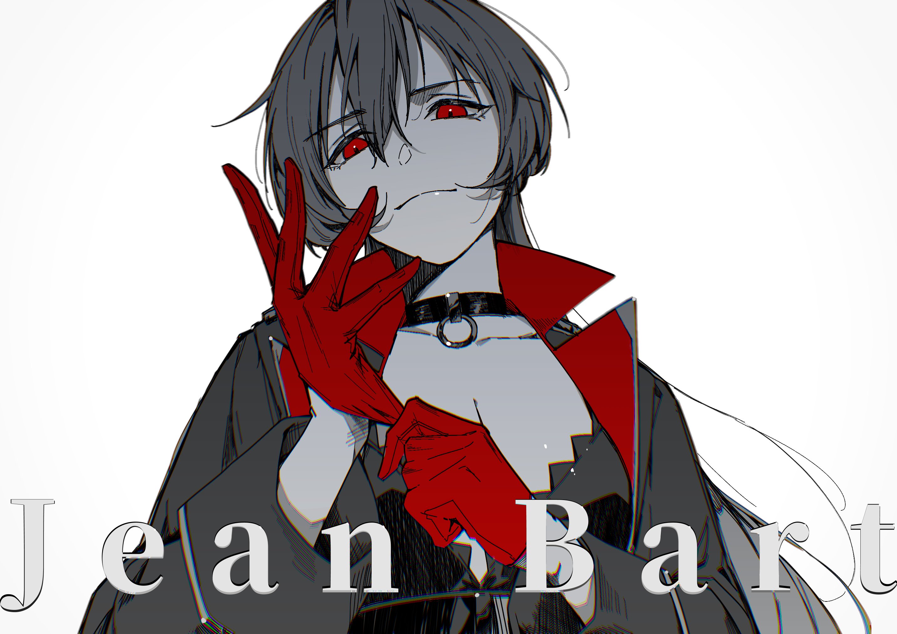 hatski.sin, jean bart (azur lane), azur lane, commentary, highres, 1girl, black choker, breasts, character name, choker, cleavage, gloves, grey background, hair between eyes, long hair, long sleeves, looking at viewer, medium breasts, o-ring, o-ring choker, red eyes, red gloves, simple background, solo, spot color, upper body, very long hair