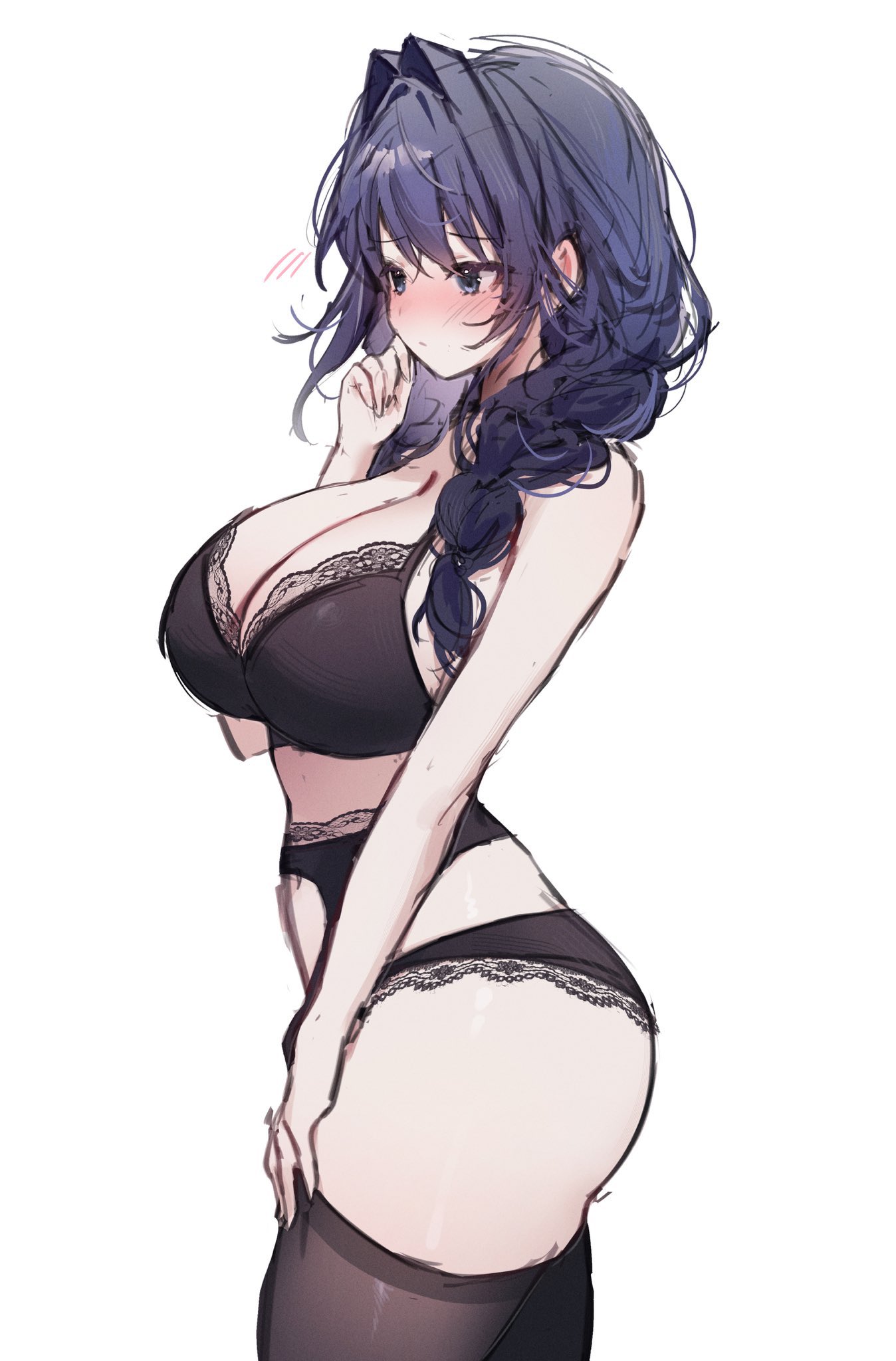 miyuchiq, ouro kronii, ouro kronii (maid), hololive, hololive english, highres, 1girl, ass, black bra, black garter belt, black panties, black pantyhose, blue eyes, blue hair, blush, bra, braid, breasts, garter belt, hair intakes, huge ass, large breasts, lingerie, panties, pantyhose, sketch, solo, underwear