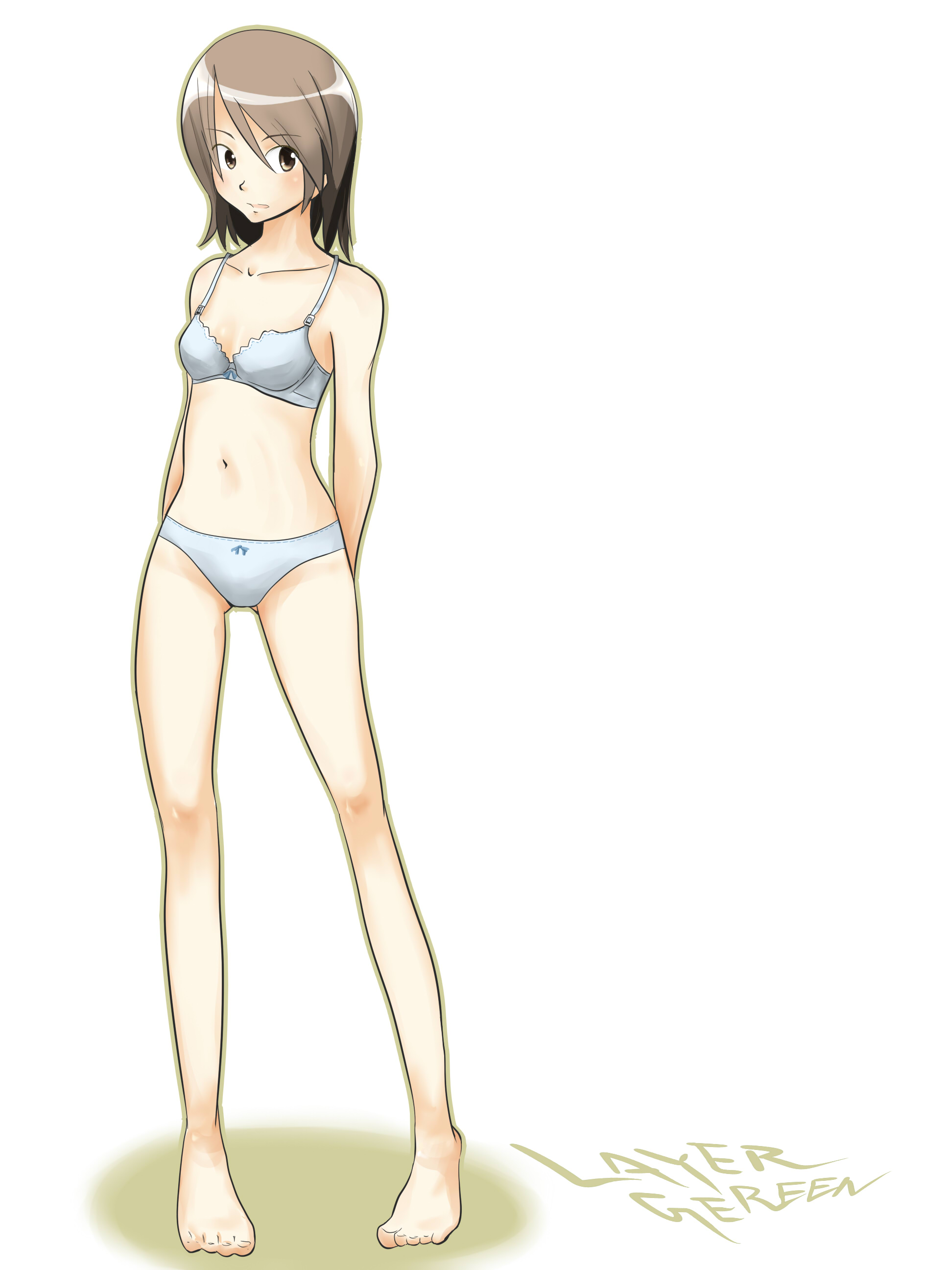 shing (sorairo factory), original, absurdres, highres, barefoot, bra, brown eyes, brown hair, lingerie, panties, short hair, underwear, underwear only