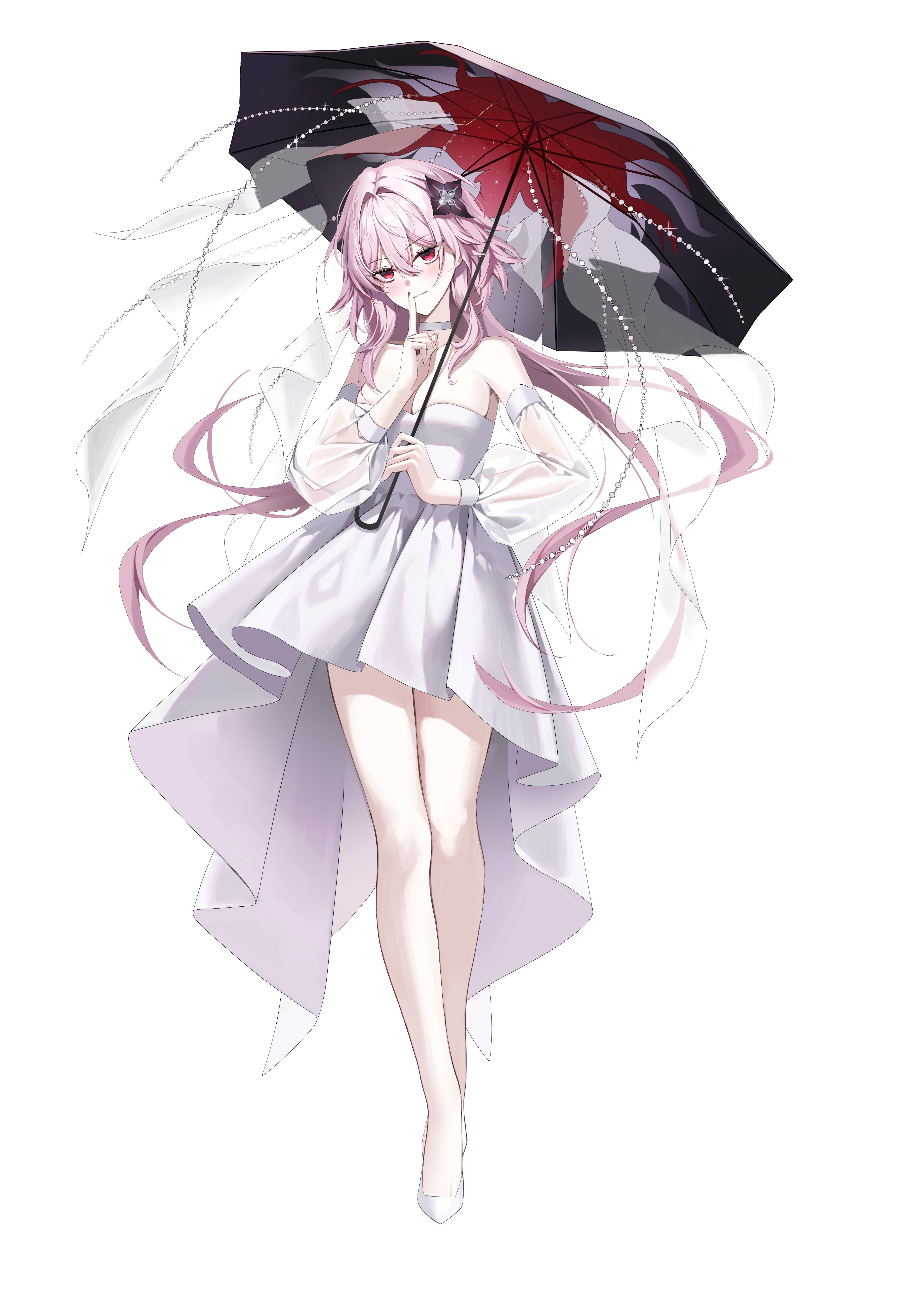 kirat kr, evernight (honkai: star rail), march 7th (honkai: star rail), honkai: star rail, honkai (series), absurdres, commentary request, highres, korean commentary, 1girl, bare shoulders, blush, breasts, choker, cleavage, closed mouth, detached sleeves, dress, finger to mouth, full body, hair between eyes, hands up, holding, holding umbrella, large breasts, long hair, long sleeves, looking at viewer, pink hair, red eyes, shoes, simple background, solo, standing, strapless, strapless dress, umbrella, very long hair, white background, white choker, white dress, white shoes, white sleeves