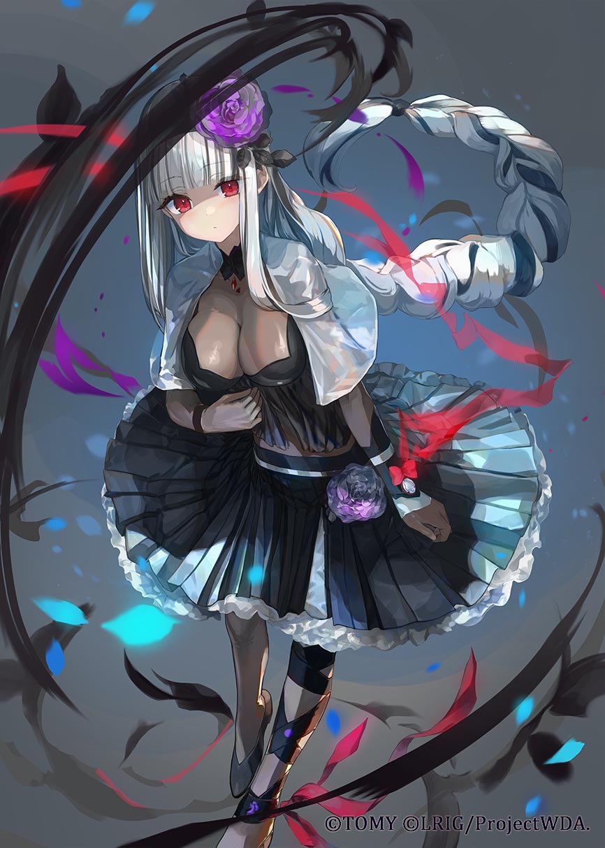 virus (obsession), alfou (wixoss), wixoss, highres, official art, 1girl, black dress, black hair, black shoes, braid, breasts, copyright notice, dress, expressionless, floating hair, flower, frilled dress, frills, gloves, grey hair, hair flower, hair ornament, large breasts, long hair, looking at viewer, multicolored hair, pantyhose, purple flower, red eyes, see-through cleavage, see-through clothes, shoes, sidelocks, single braid, solo, very long hair