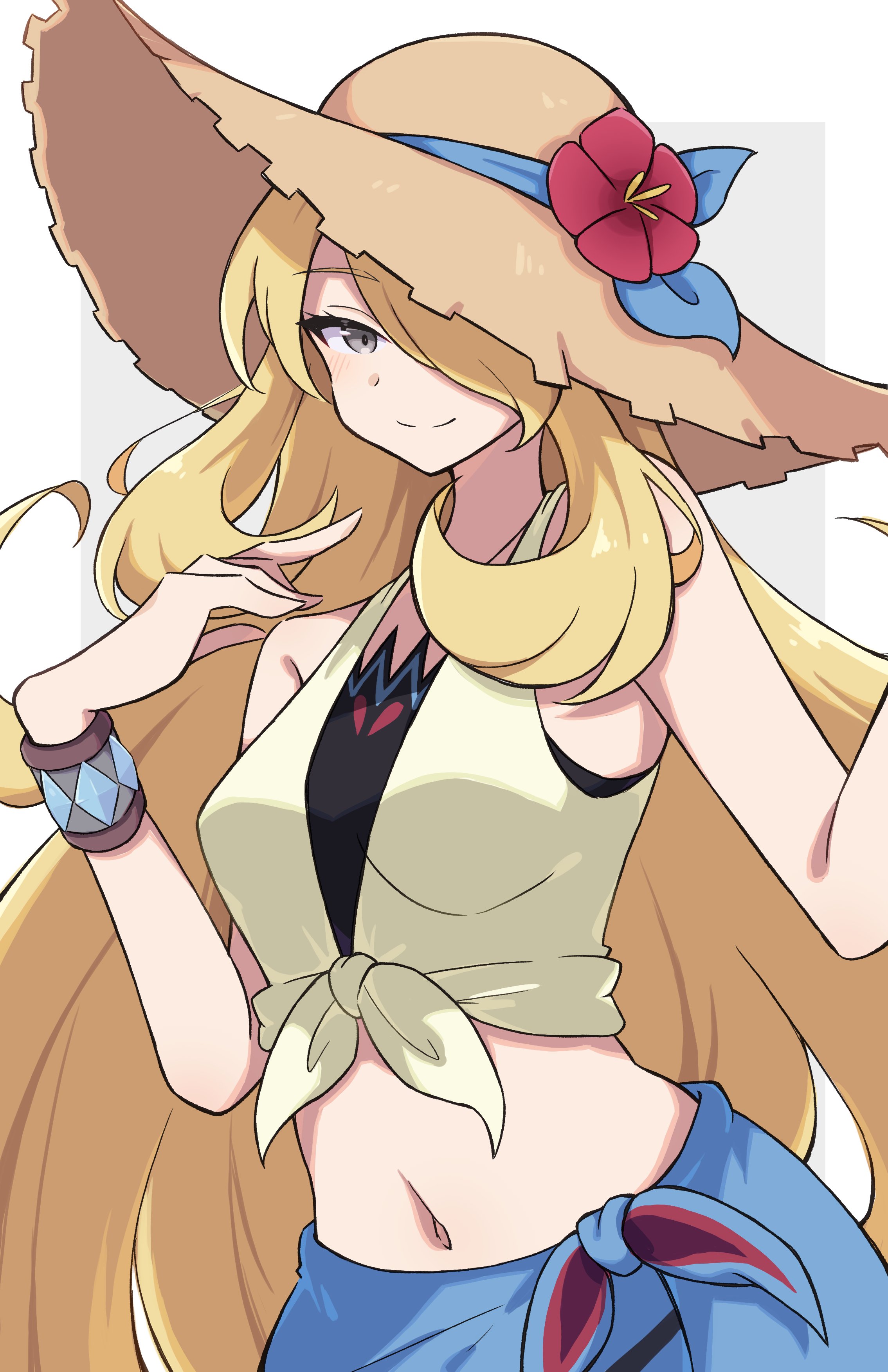 piyo to game, cynthia (pokemon), cynthia (summer 2025) (pokemon), nintendo, pokemon, pokemon masters ex, absurdres, highres, 1girl, blonde hair, blue sarong, breasts, closed mouth, crop top, flower, grey eyes, hair over one eye, hat, hat flower, long hair, looking at viewer, navel, official alternate costume, sarong, shirt, smile, solo, sun hat, tied shirt, very long hair