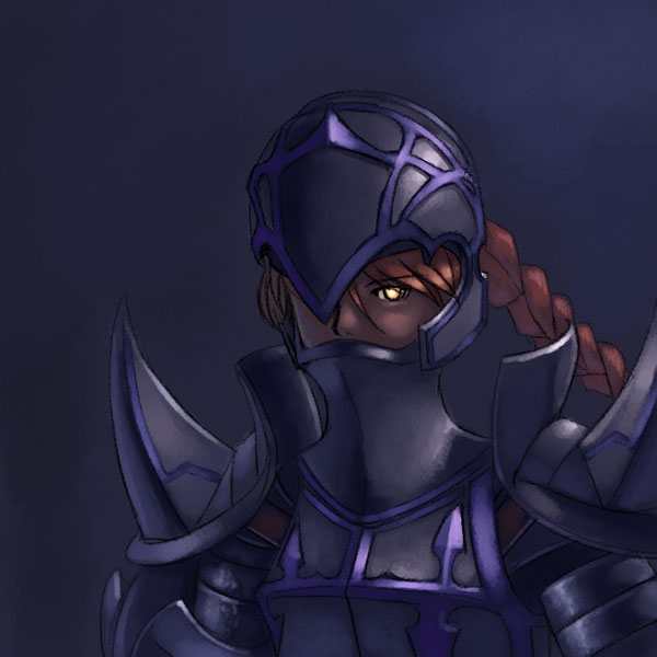 dark knight (fft), final fantasy, final fantasy tactics, 1girl, androgynous, armor, braid, breastplate, covered mouth, dark knight, female focus, gradient background, shoulder pads, shoulder spikes, single braid, solo, spikes, yellow eyes