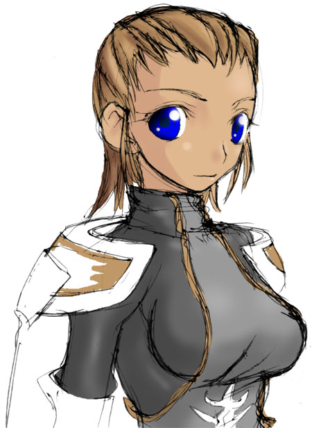 rapha galthena, final fantasy, final fantasy tactics, uniform, 1girl, blue eyes, breasts, brown hair, dark-skinned female, dark skin, female focus, looking at viewer, shoulder pads, simple background, solo, upper body, white background