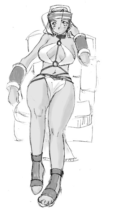 misairu oppai, rapha galthena, final fantasy, final fantasy tactics, 1girl, breasts, female focus, full body, greyscale, monochrome, sandals, sketch, solo