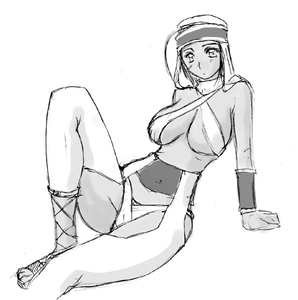 misairu oppai, rapha galthena, final fantasy, final fantasy tactics, 1girl, breasts, female focus, greyscale, monochrome, sandals, simple background, sketch, solo