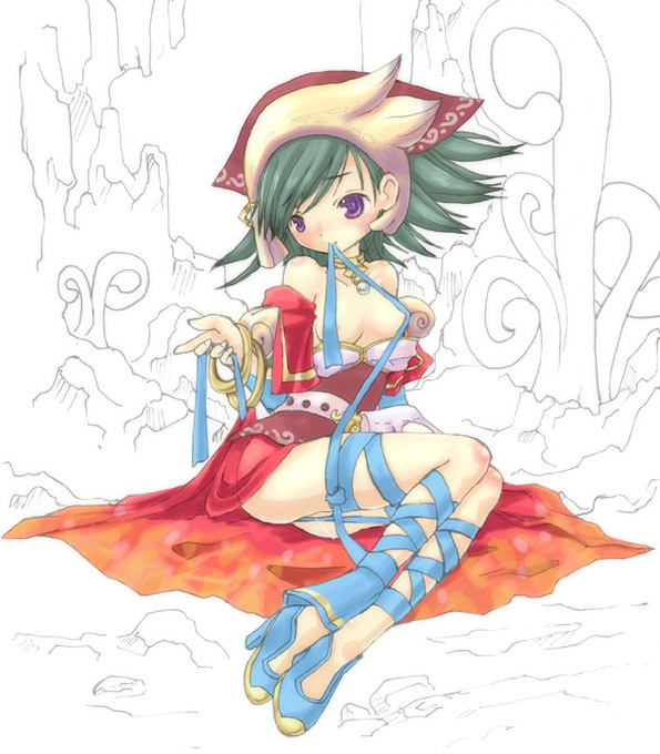 tamber, children of mana, seiken densetsu, seiken densetsu ds, 1girl, blue ribbon, blush, breasts, dress, female focus, green hair, jewelry, lots of jewelry, medium breasts, nipples, no panties, purple eyes, ribbon, sitting, solo, topless female, tumble